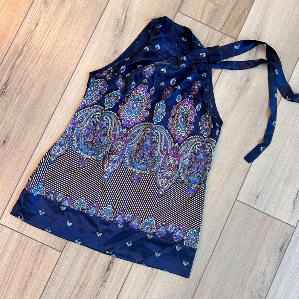 Navy Paisley Print Halter Top Stretchy Silk